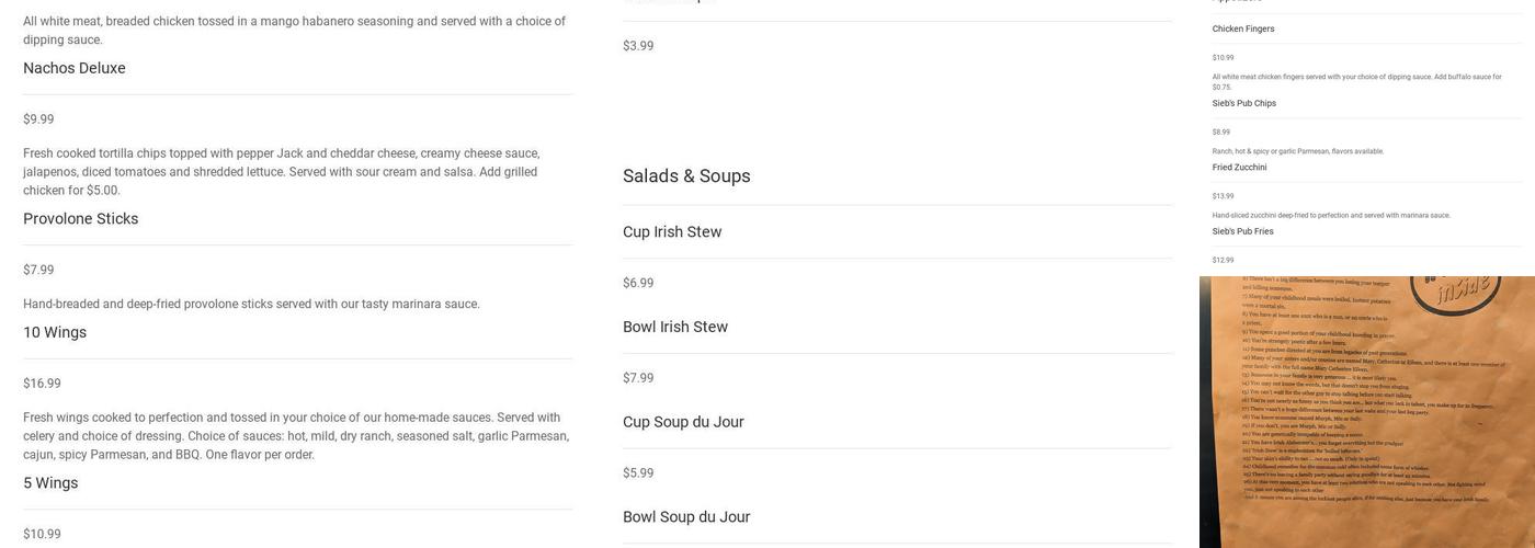 Sieb's Pub & Restaurant Menu