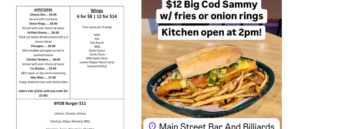 Main Street Bar and Billiards Menu