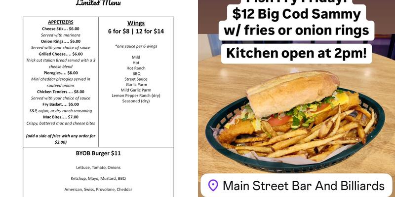 Main Street Bar and Billiards Menu