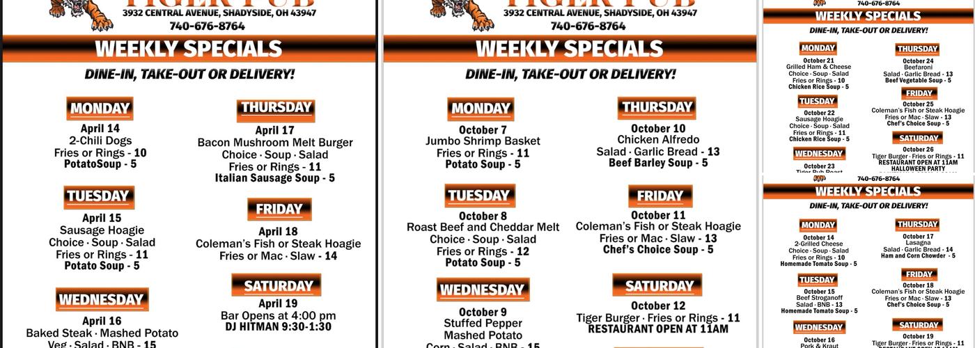 Tiger Pub Menu