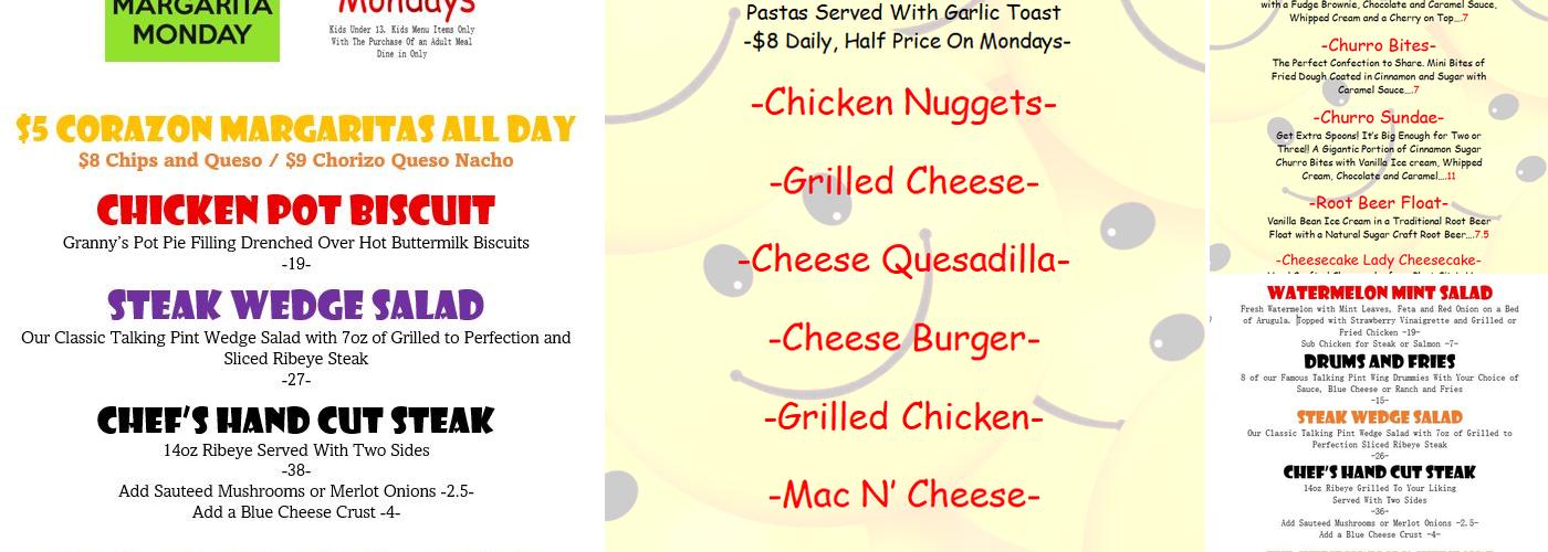 The Talking Pint Bar & Bistro Menu