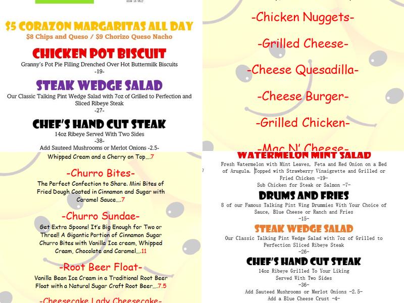 The Talking Pint Bar & Bistro Menu