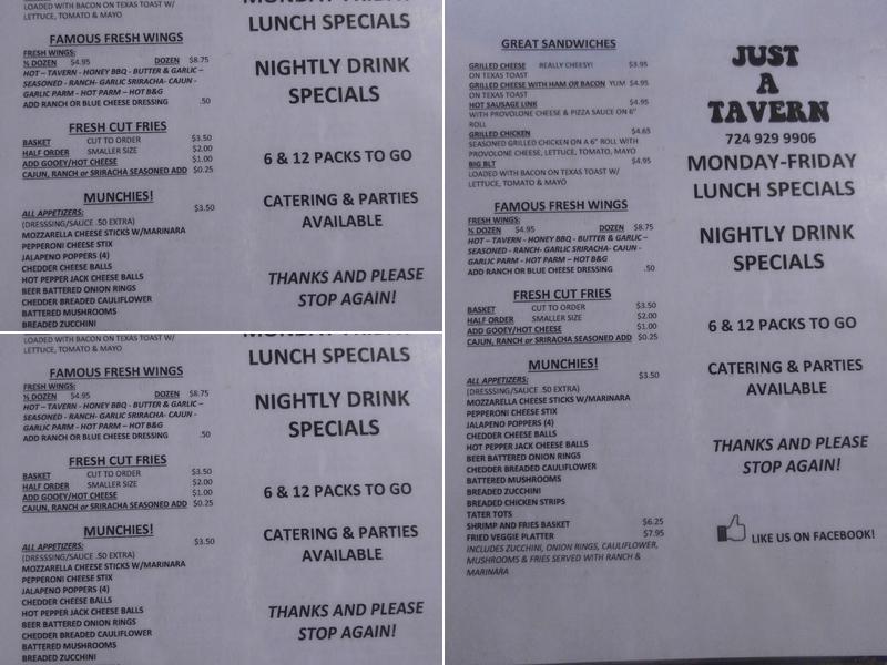 Just A Tavern Menu