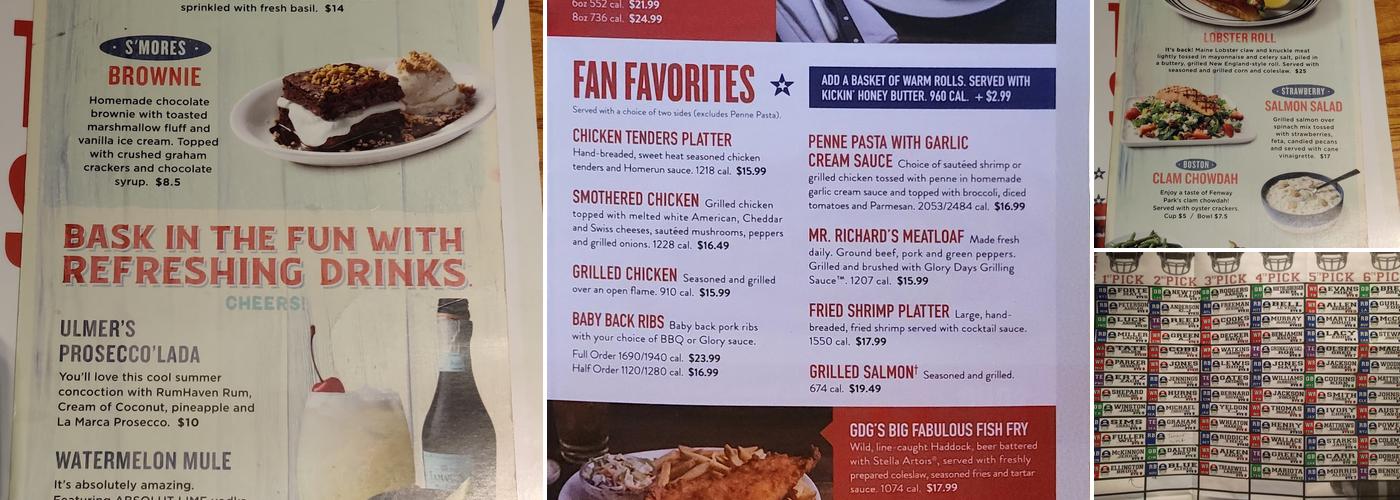 Glory Days Grill Menu