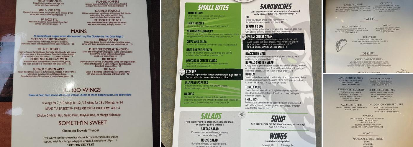 The Alibi Bar and Grill Menu