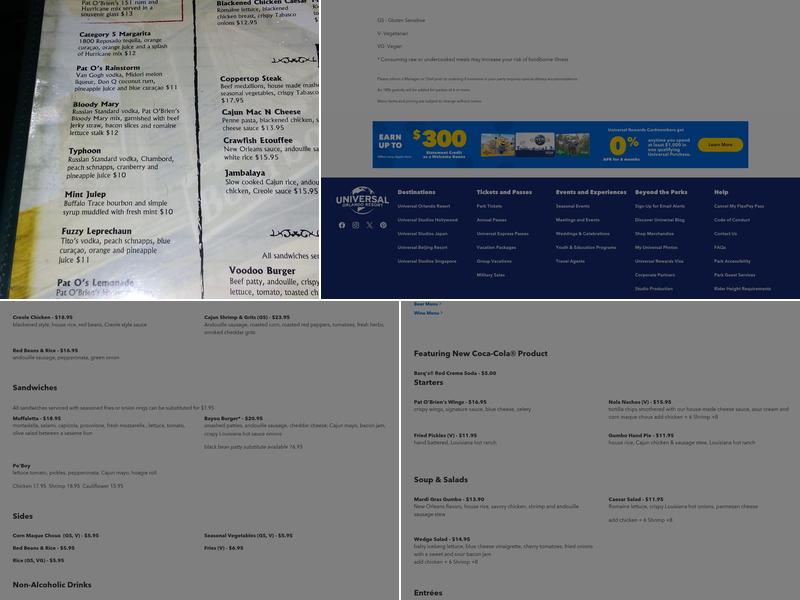 Pat O'Brien's Menu