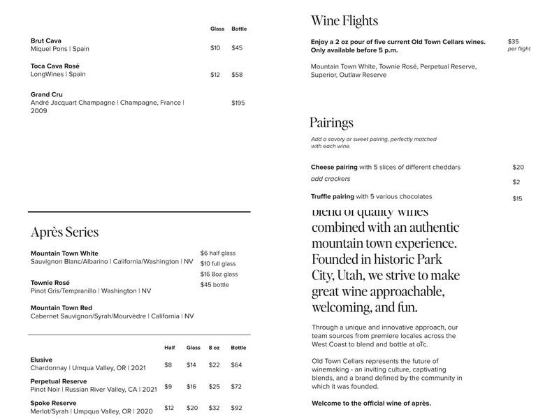 Old Town Cellars Menu