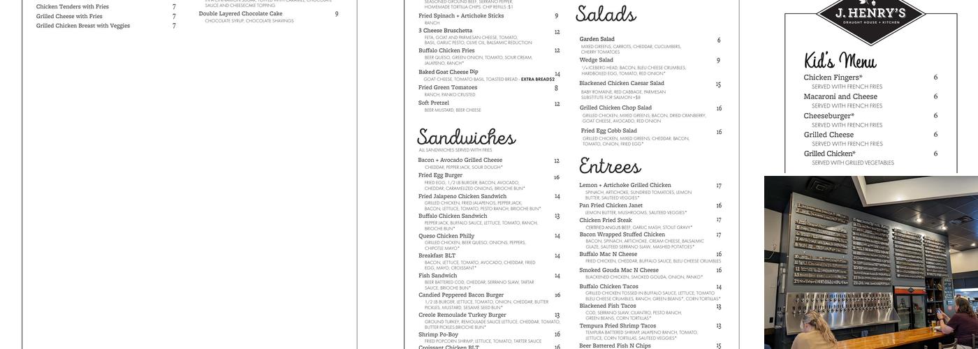 J. Henry's Draught House + Kitchen Menu
