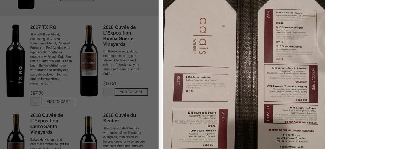 CALAIS Winery Menu