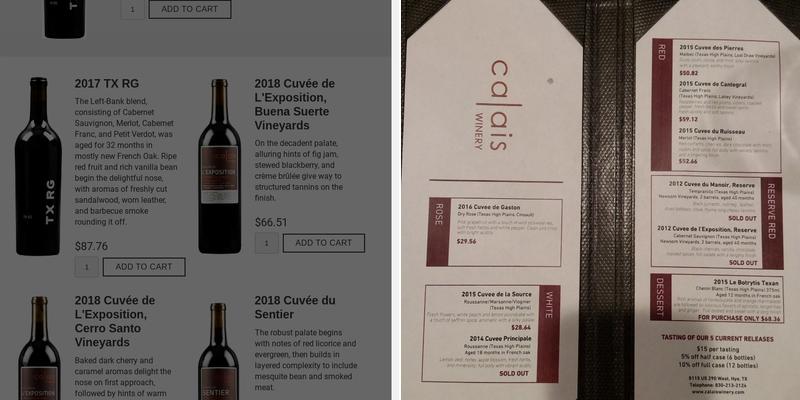 CALAIS Winery Menu