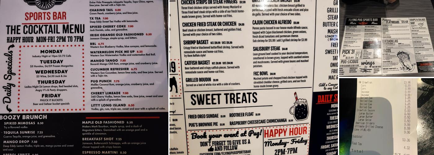 Flying Pug Sports Bar Menu