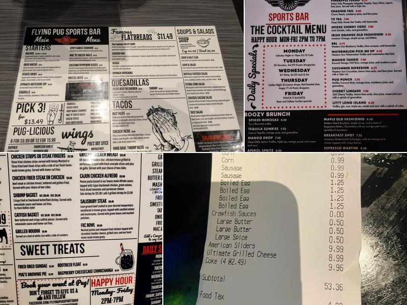 Flying Pug Sports Bar Menu
