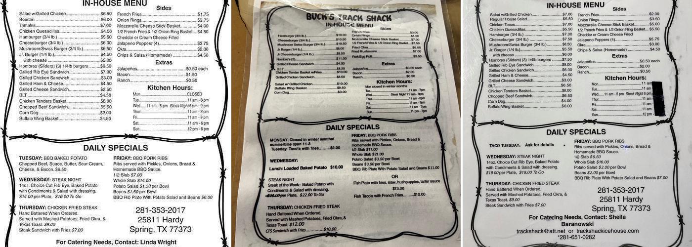 Track Shack Menu