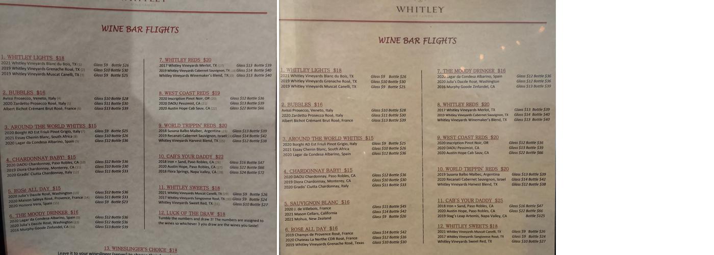 Whitley Vineyards Menu