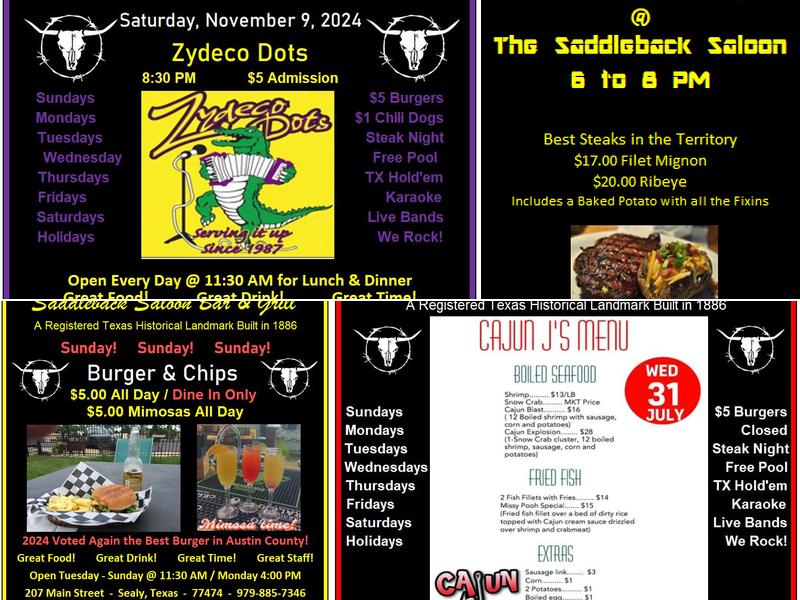 Saddleback saloon Menu