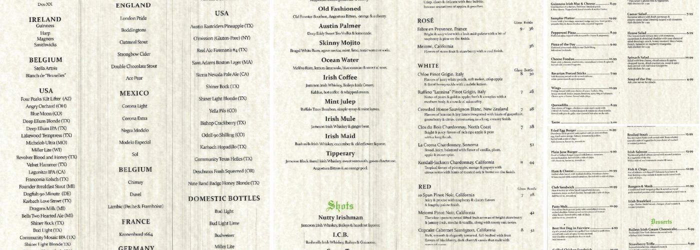 Killarney's Live Menu