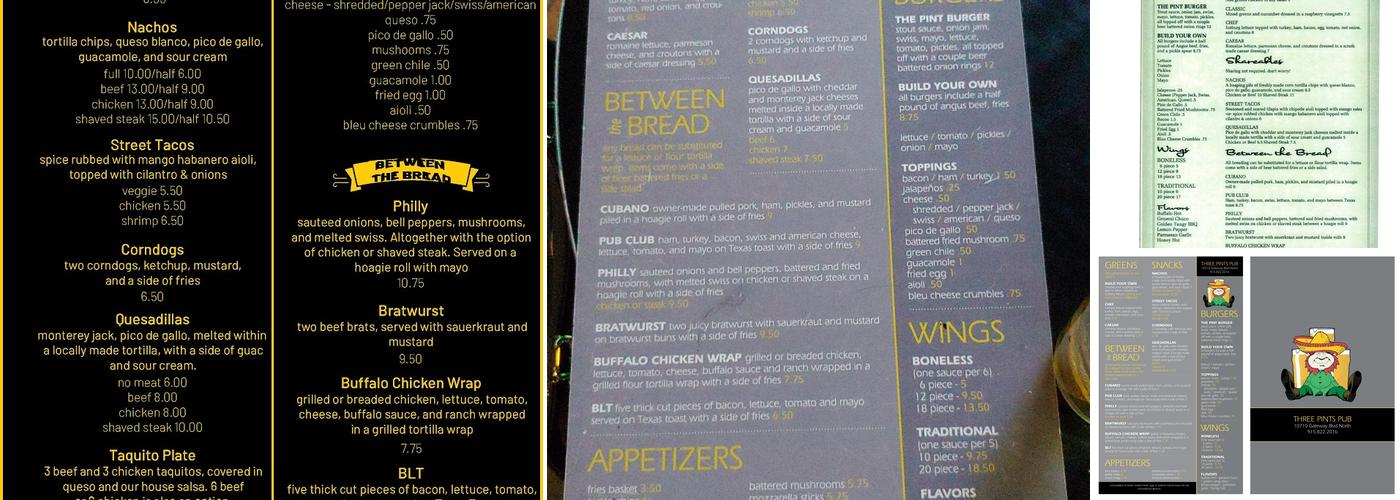 Three Pints Pub Menu