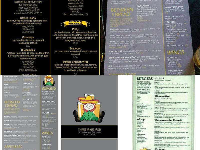 Three Pints Pub Menu