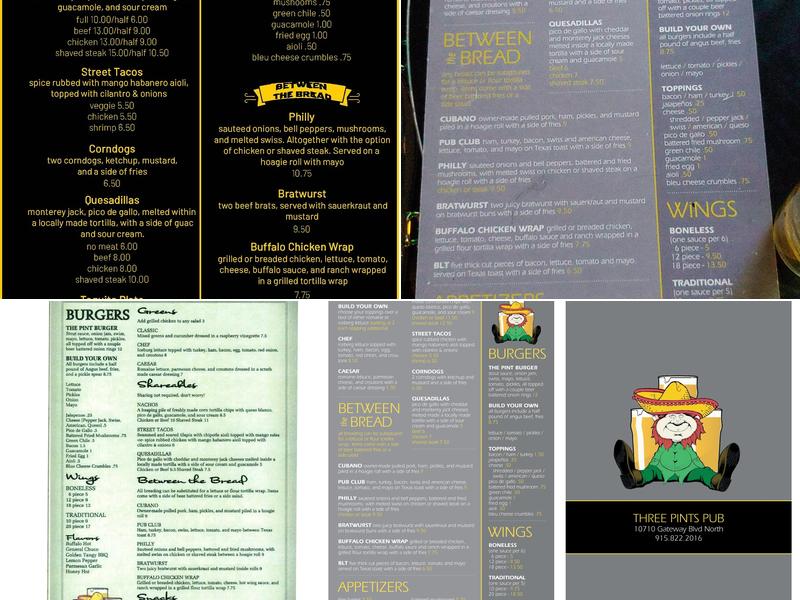 Three Pints Pub Menu