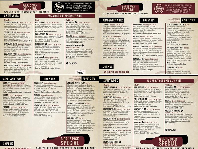 Georgia Winery Menu