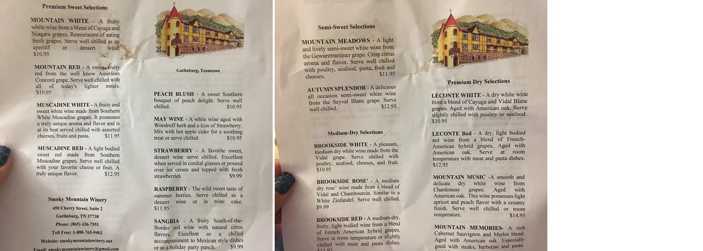 Smoky Mountain Winery Menu