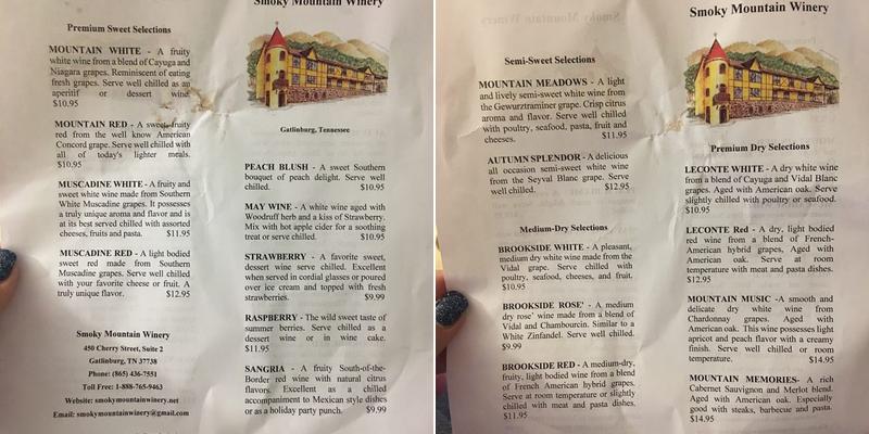 Smoky Mountain Winery Menu