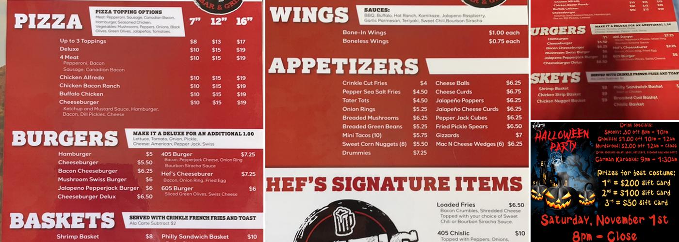 Hef's Bar and Grill Menu