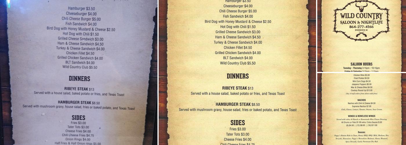 Wild Country Saloon & Nightlife Menu