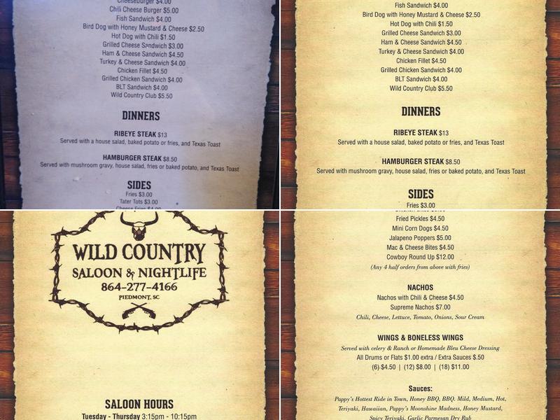 Wild Country Saloon & Nightlife Menu