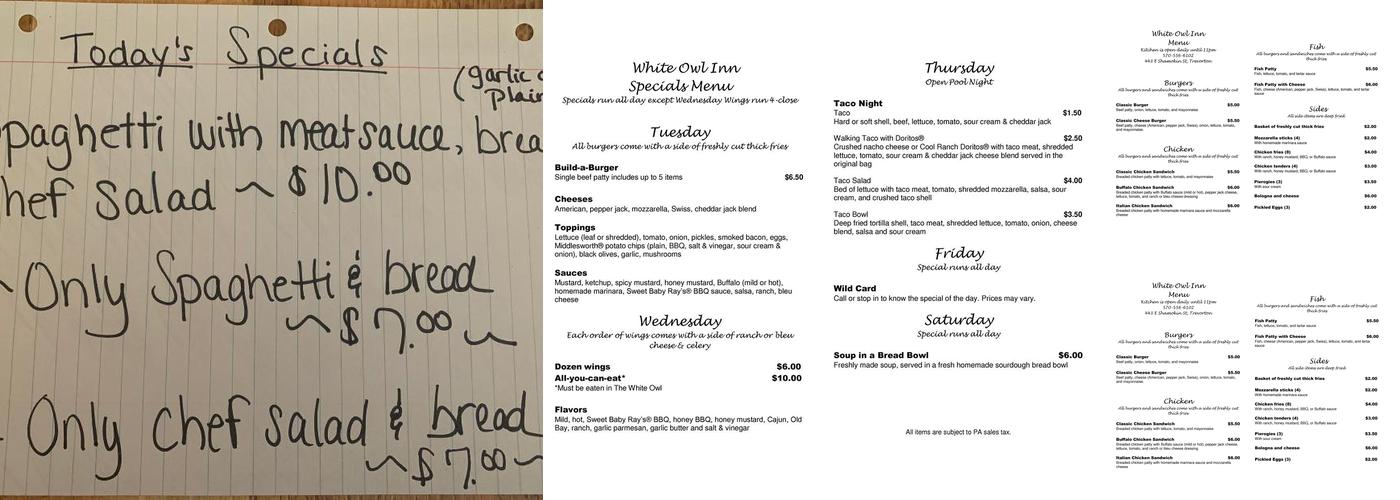 White Owl Inn Menu