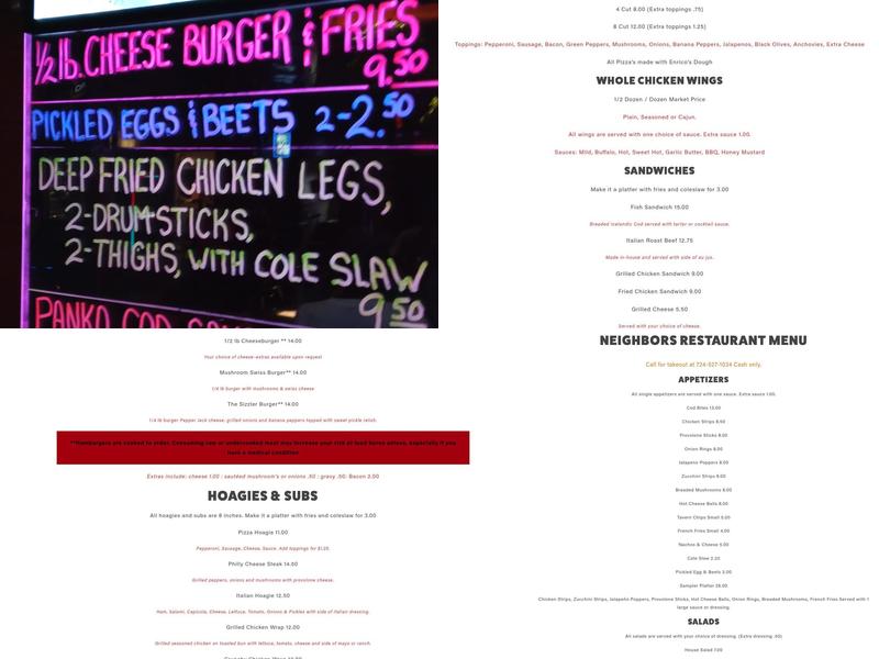 Neighbors Tavern Menu