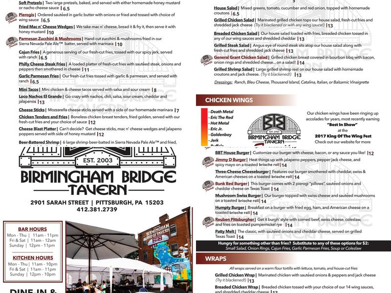 Birmingham Bridge Tavern Menu