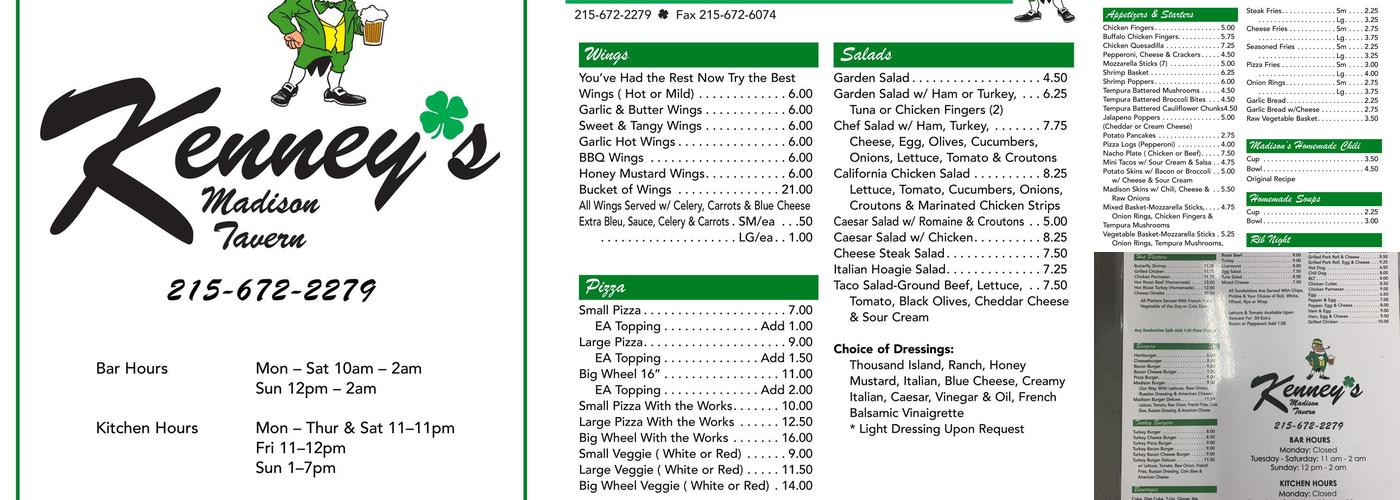 Kenney's Madison Tavern Menu