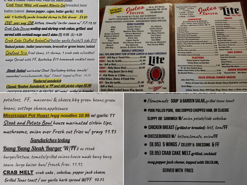Jules Tavern Menu