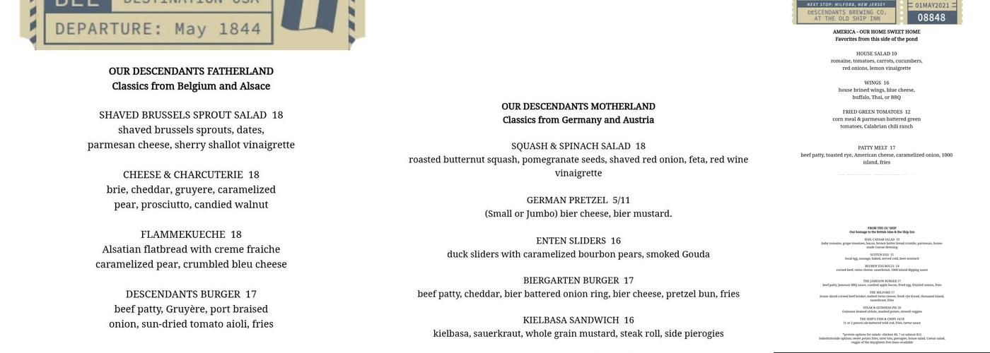 Descendants Brewing Company at the Old Ship Inn Menu