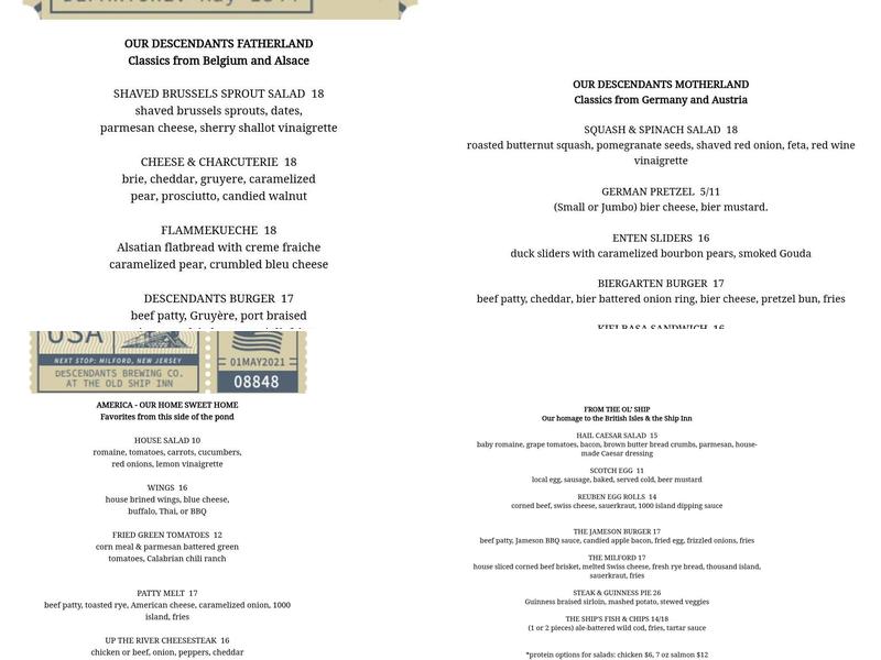 Descendants Brewing Company at the Old Ship Inn Menu