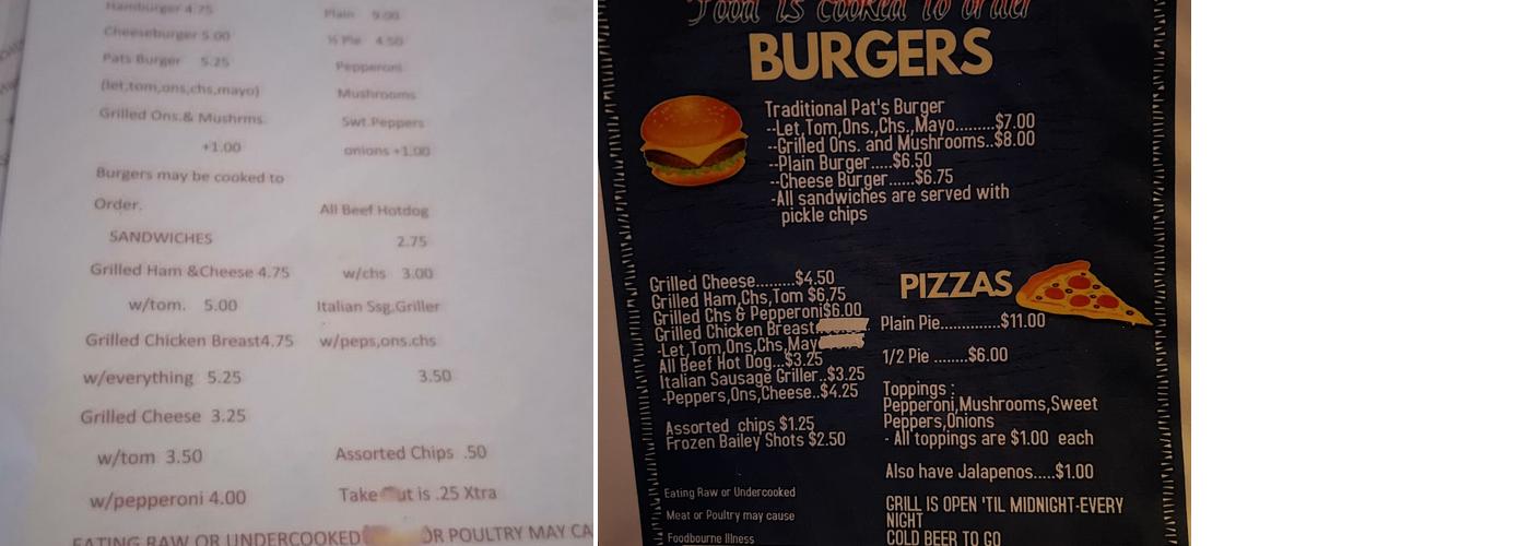 Pat's Bar Menu