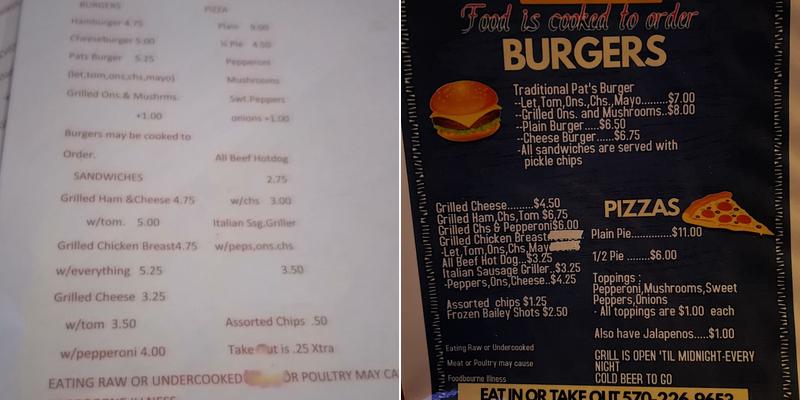 Pat's Bar Menu