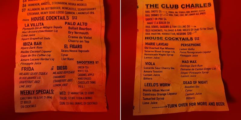 Club Charles Menu