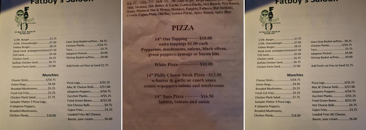 FatBoy's Saloon Menu