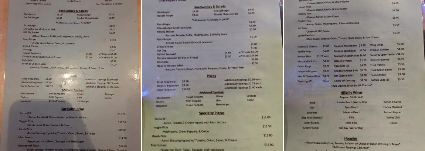 Hillbilly Haven Menu