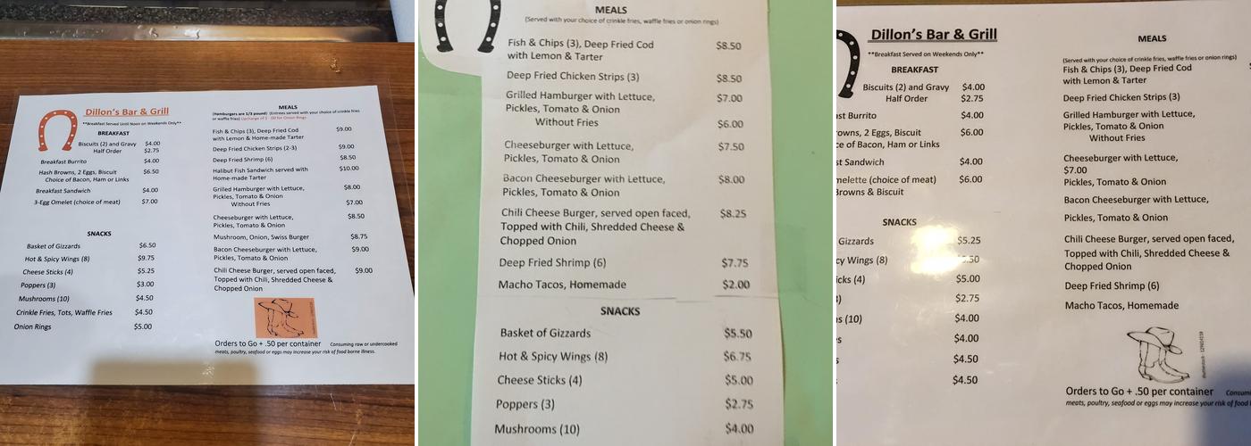 Dillon's Menu