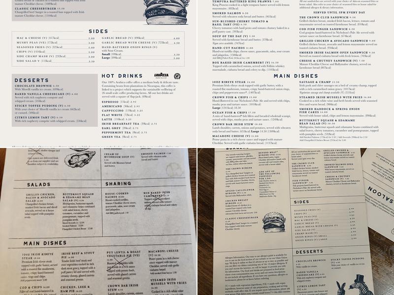 The Crown Liquor Saloon Menu
