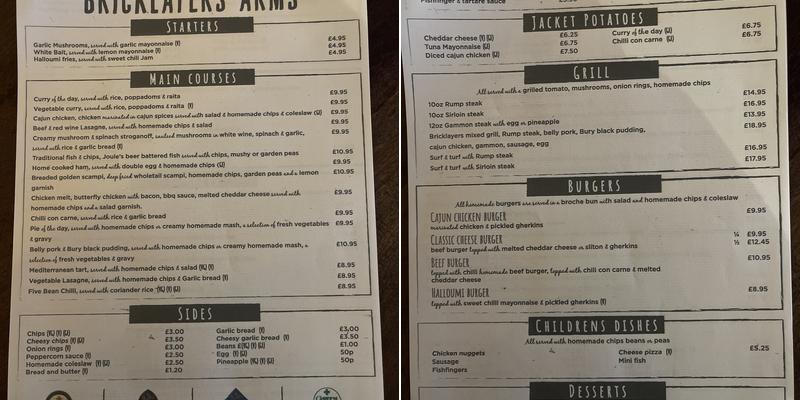 The Bricklayers Arms Menu