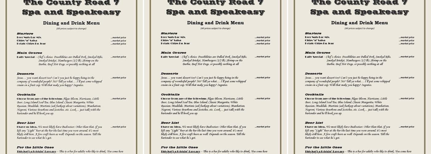The County Road 7 Spa, Speakeasy, & Shooting Range Menu