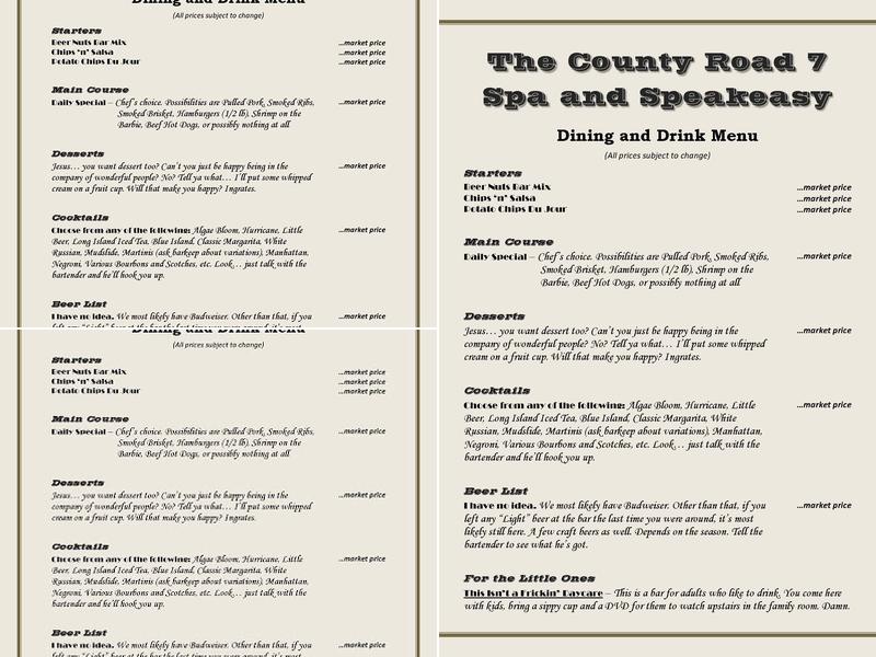 The County Road 7 Spa, Speakeasy, & Shooting Range Menu