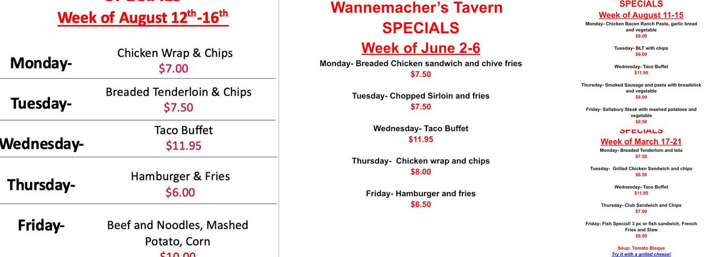 Wannemacher's Tavern Menu
