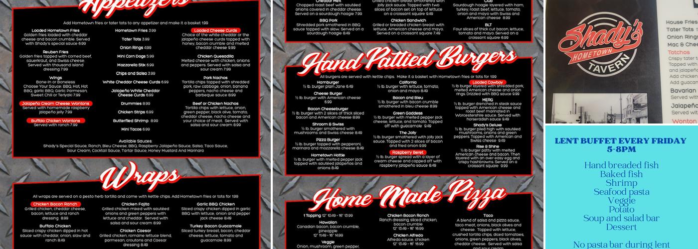 Shady's Hometown Tavern and Event Center Menu