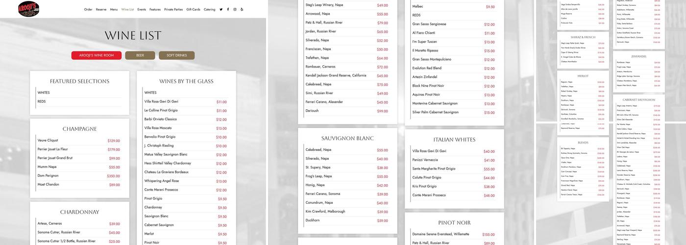 Arooji's Wine Room Menu
