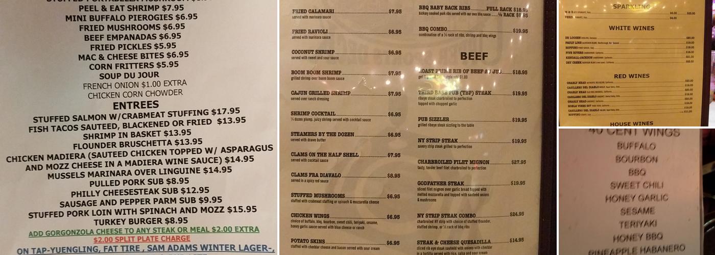 Third Base Pub Menu